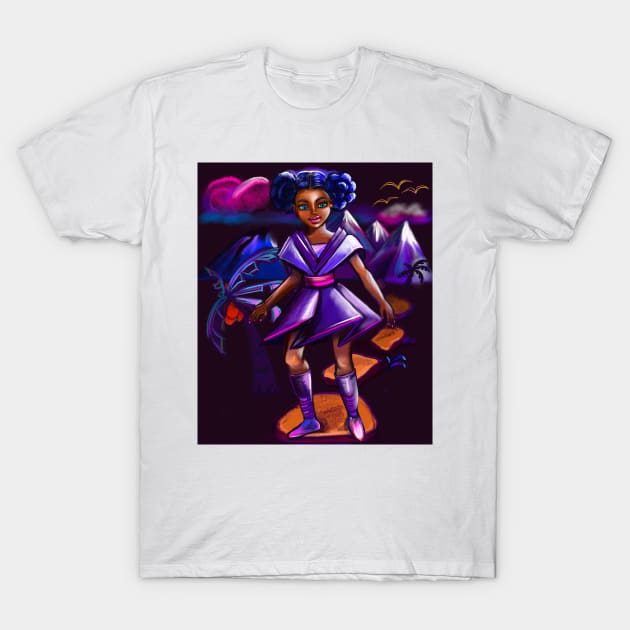 Anime girl with two puffs and lighting. Black afro anime girl in purple space fantasy scene ! beautiful  black girl with Braided hair, blue eyes, Cherry pink lips and dark brown skin. Hair love ! T-Shirt by Artonmytee